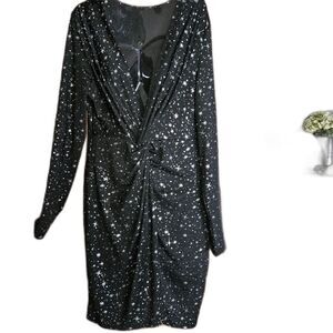 Shein Black V-Neck Star Print Midi Dress – Sexy & Elegant, Size L